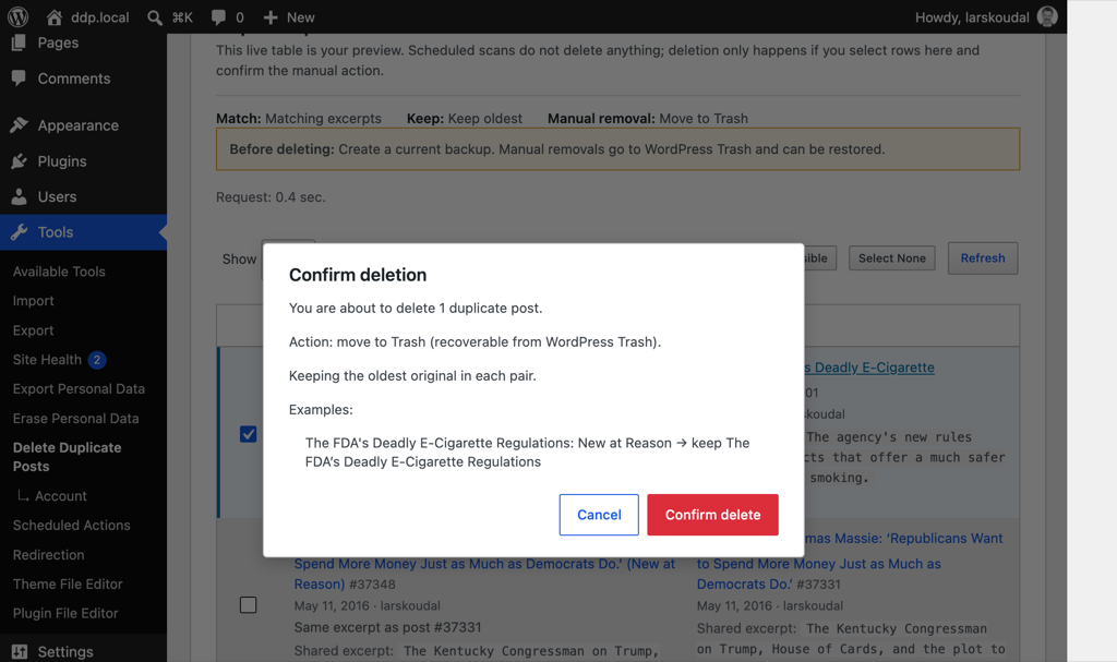 Confirm deletion dialog with count, trash-first outcome, and keep preference.