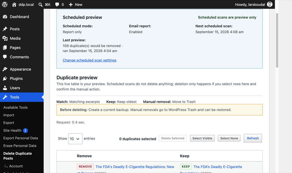 Scheduled report-only status next to the live duplicate preview table; deletion stays a manual step.