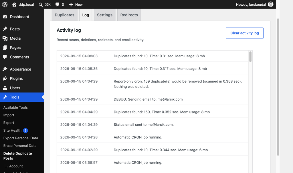 Activity log of scans, report-only cron runs, deletions, and email notices.
