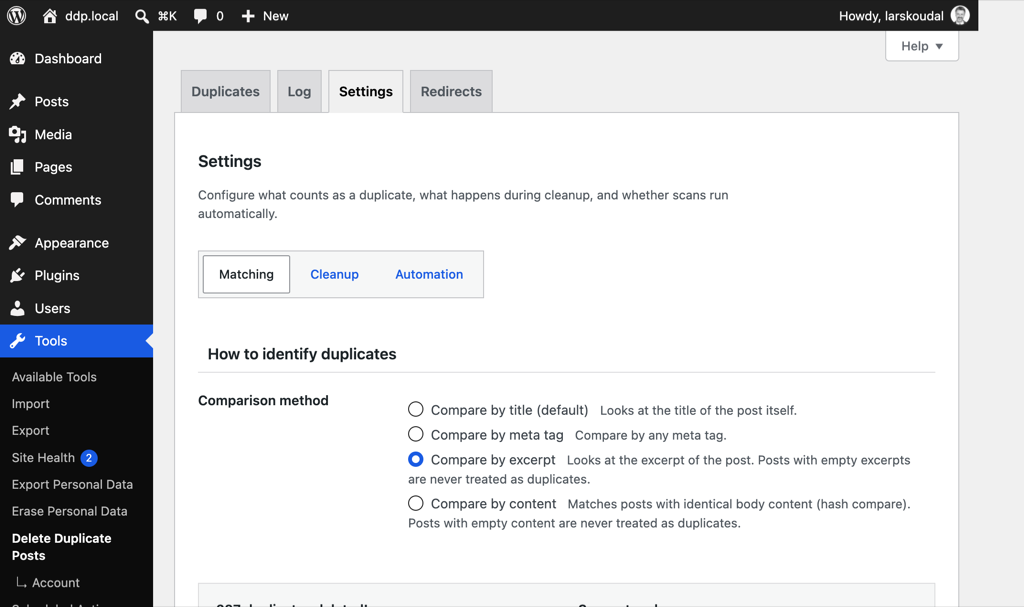 Pro: Matching settings for title, meta, excerpt, or content comparison.
