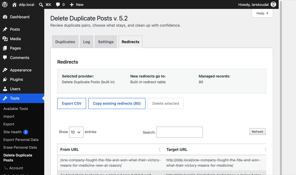 Pro: Redirects tab for the built-in store, with provider status, CSV export, and bulk deletion. Redirects stored in Redirection are not listed here.