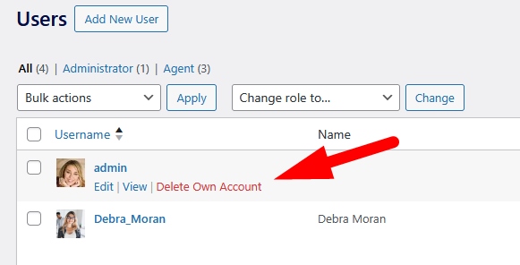 Delete Own Account link in Users list for administrators