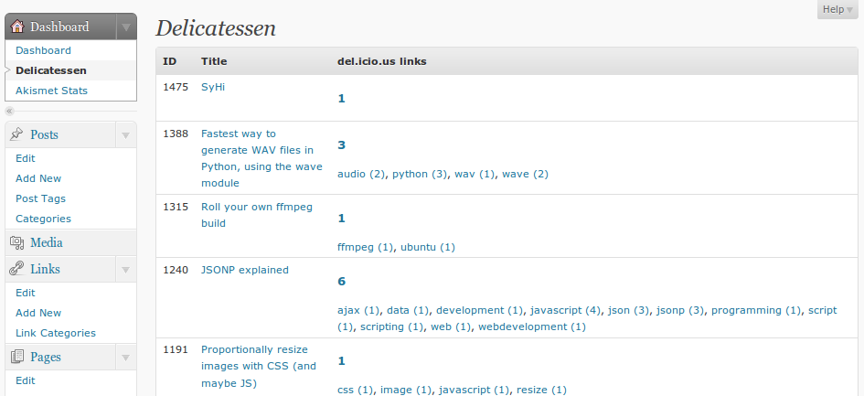 Information page, showing bookmarked pages, tags, and number of bookmarks.