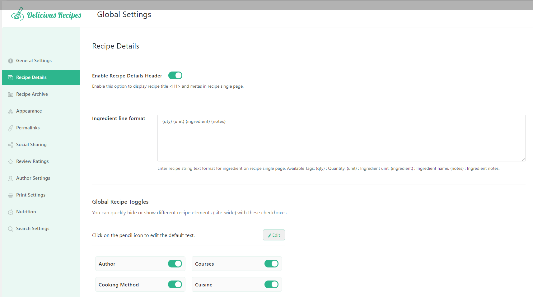 Settings - Recipe Details