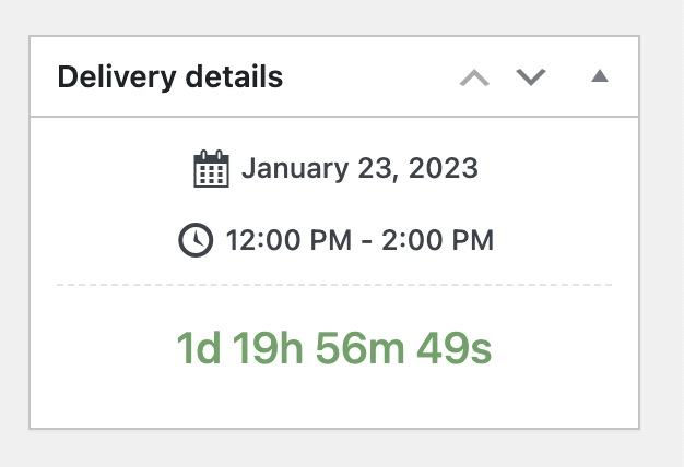 Order edit screen metabox showing delivery/pickup details with countdown.