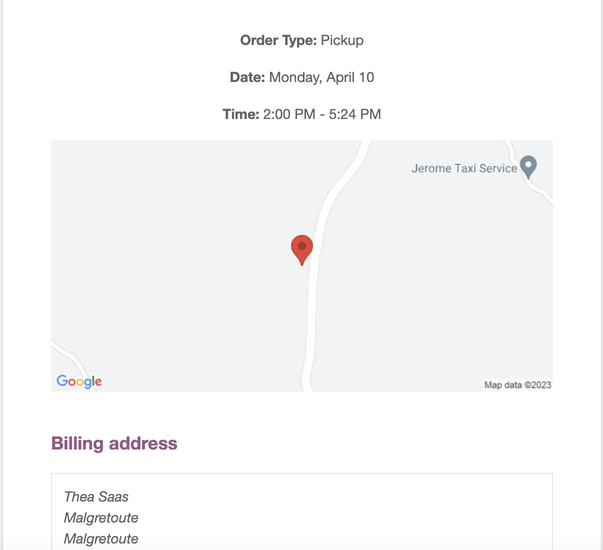 Fulfillment information shown in order email (with customer location on a map at the bottom using Kikote Plugin).