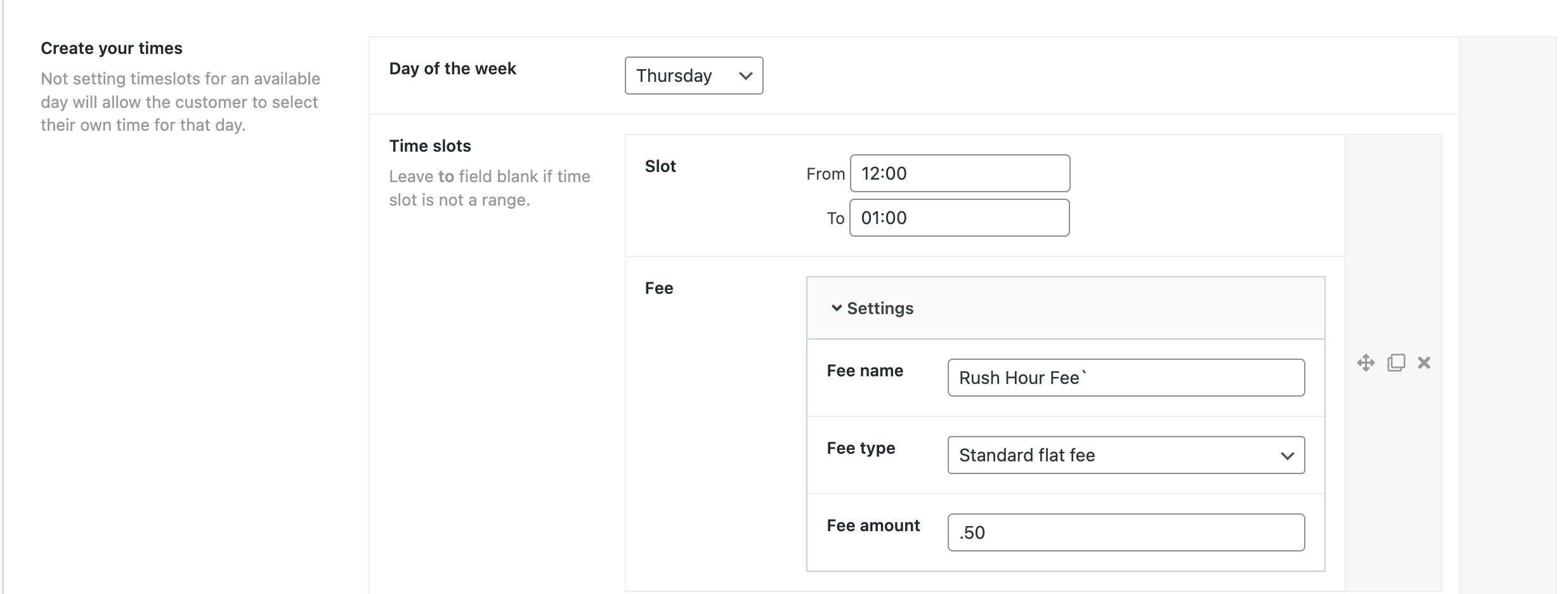 Time Slot Fees - Set custom fees for delivery/pickup time slot.