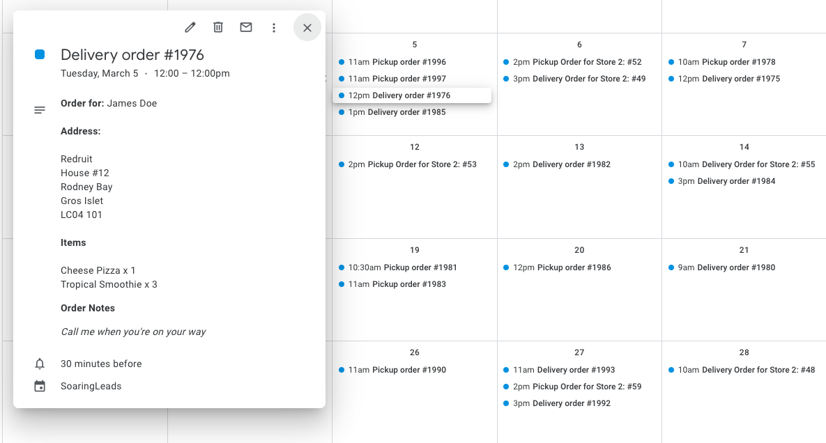 Google Calendar Add-On - Delivery order.