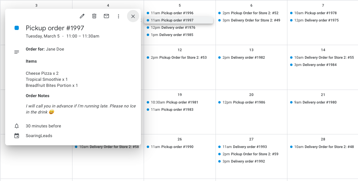 Google Calendar Add-On - Pickup order.