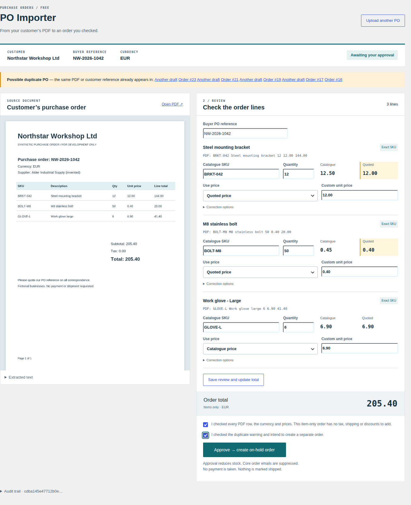 The source PDF beside SKU corrections, price choices, duplicate warnings and the approval total.