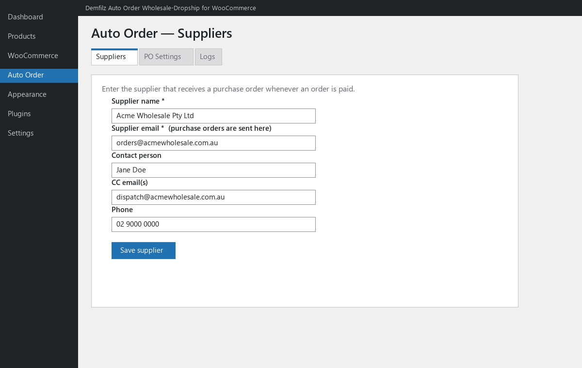 Supplier configuration page.