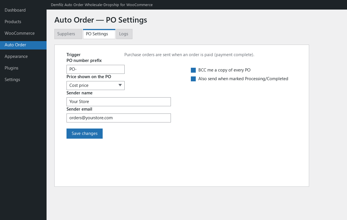 Purchase-order settings, including the flat shipping fee and branding.