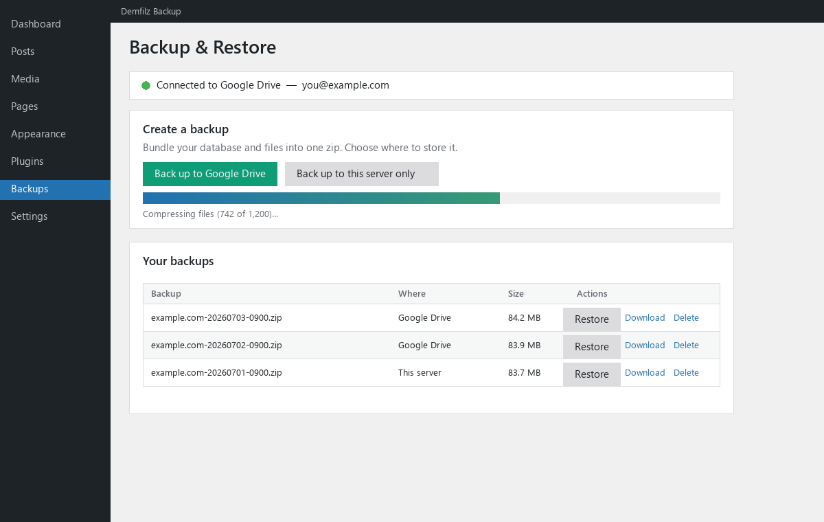 Backup & Restore screen with progress and your stored backups.