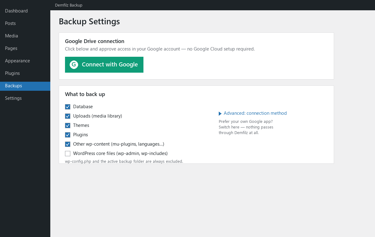 Creating a backup to Google Drive.
