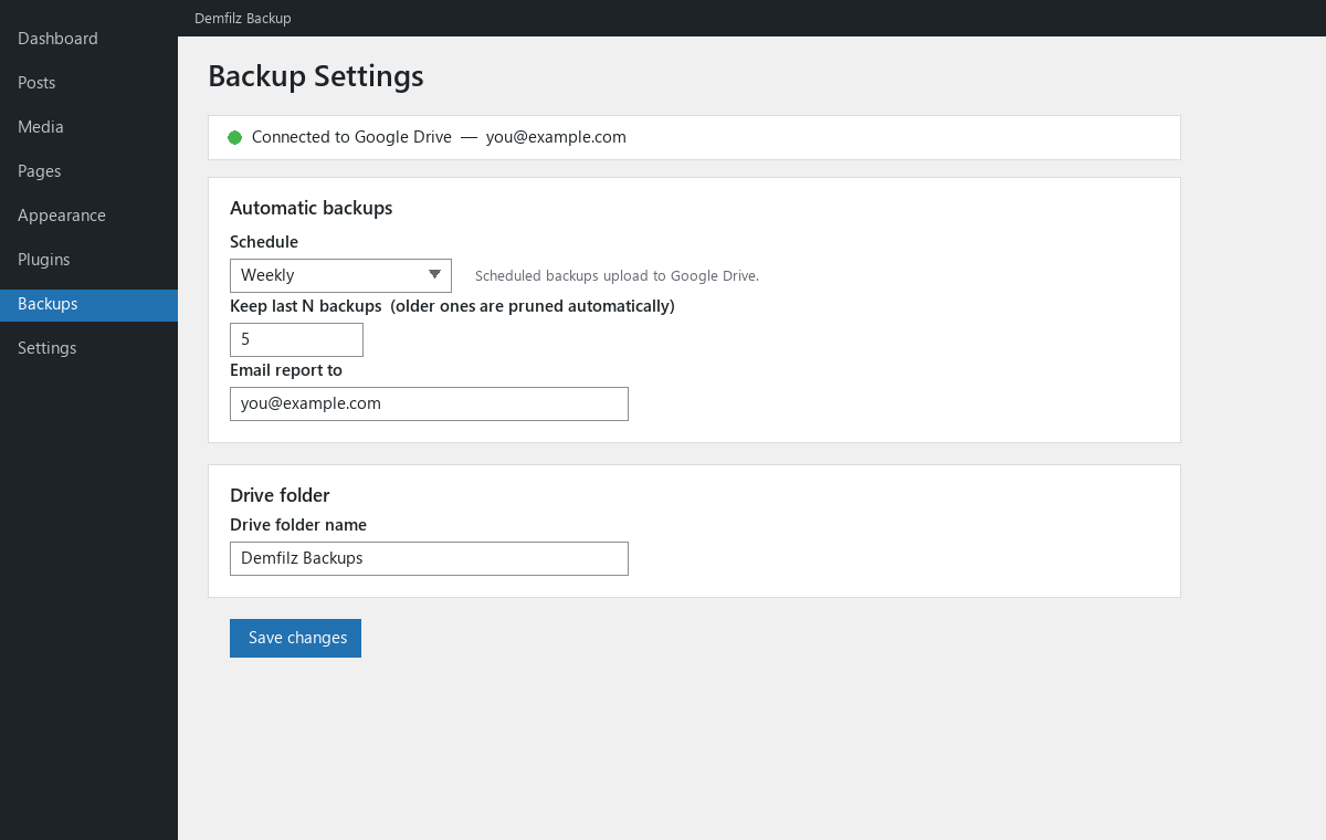 Settings: Google connection, what to include, schedule and retention.