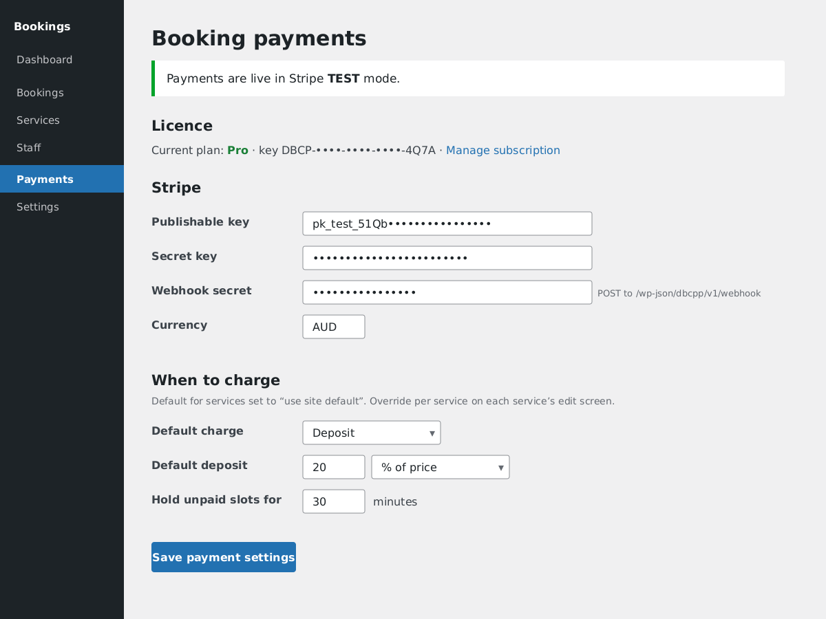 Booking payments settings (Pro add-on): enter your own Stripe keys, choose a deposit or full payment, set the hold window and the receipt email.