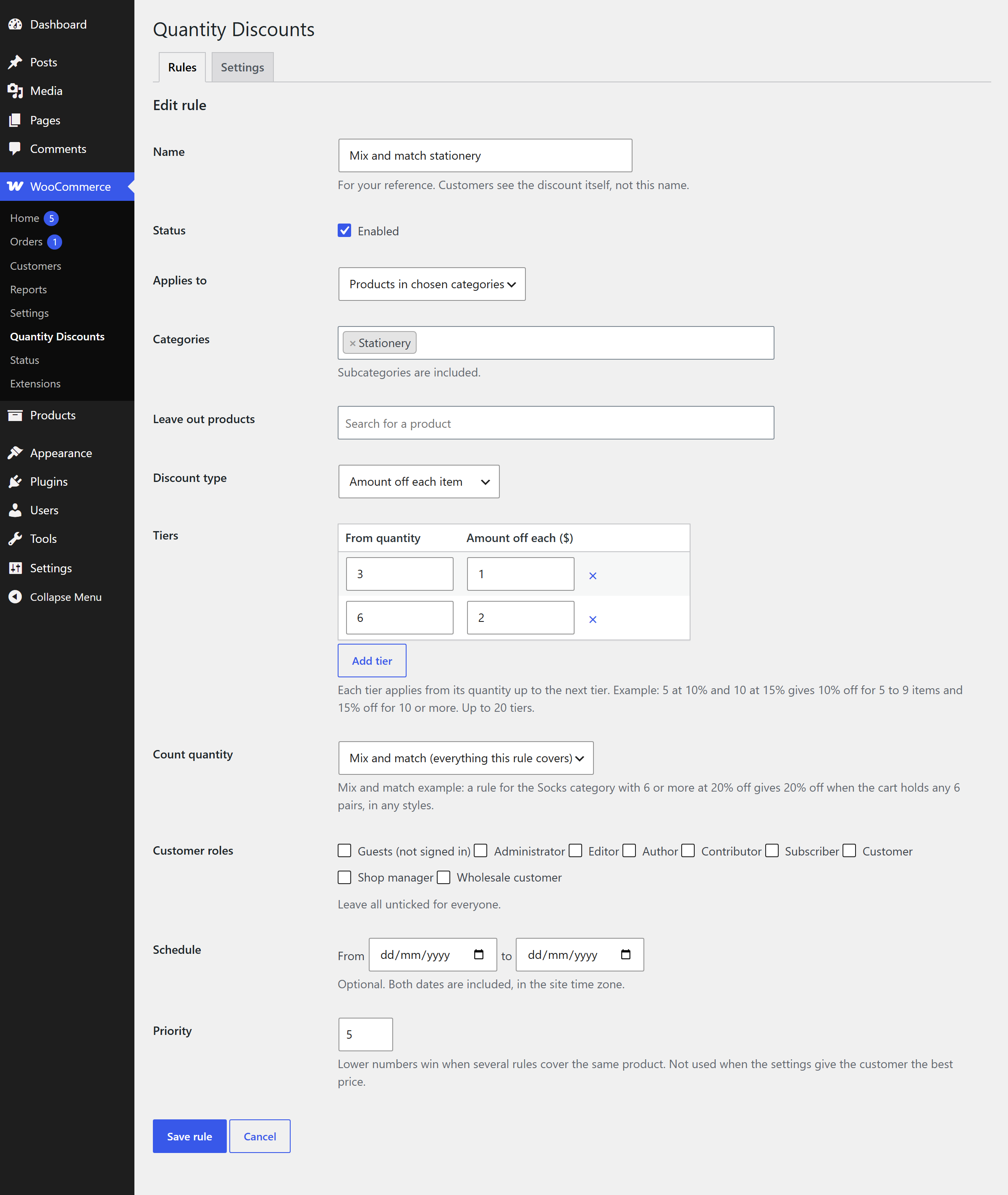 Editing a rule: scope, discount type, tiers, counting, roles and schedule.