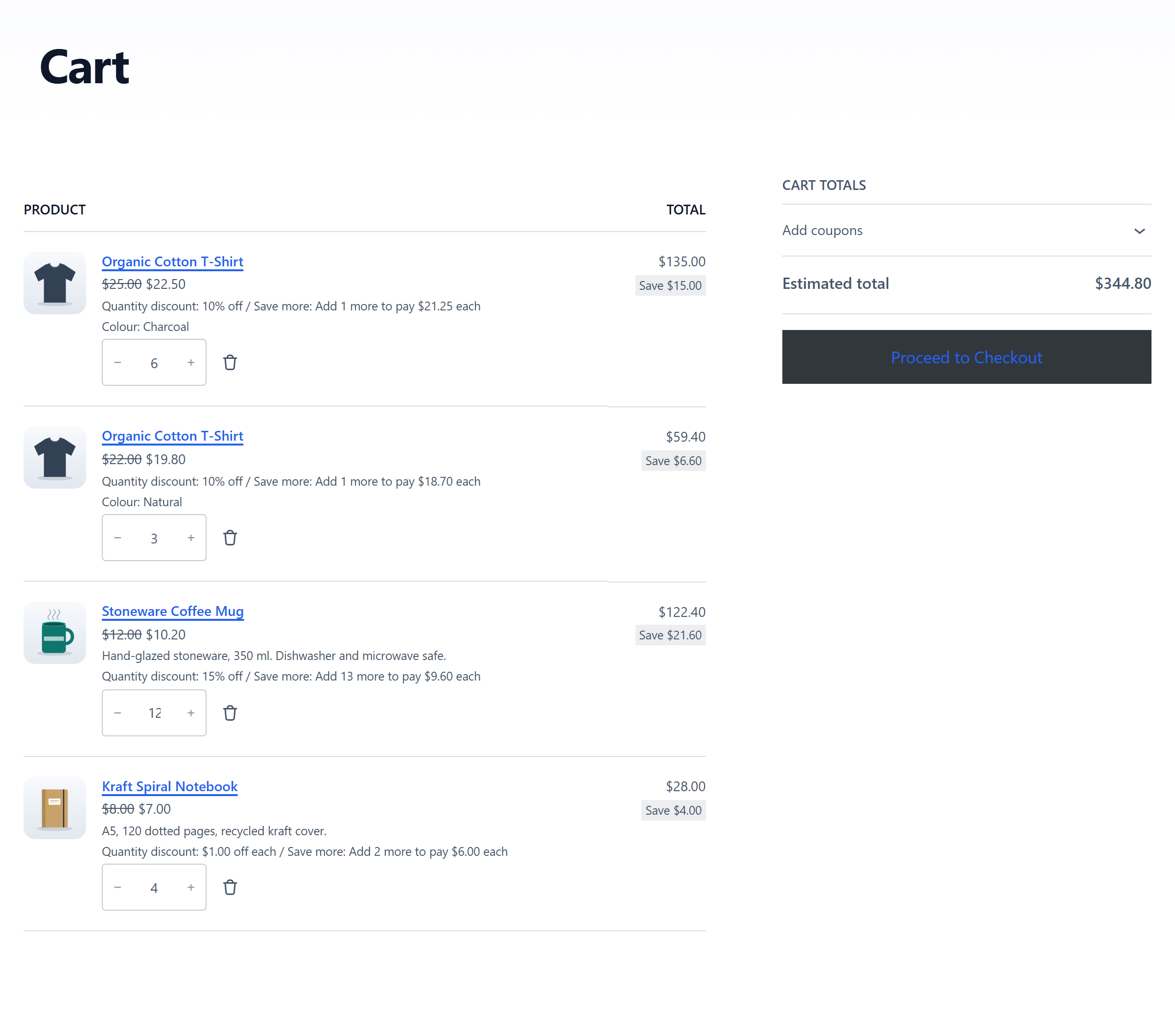 The cart with the discounted price, the discount note and the next-tier hint.