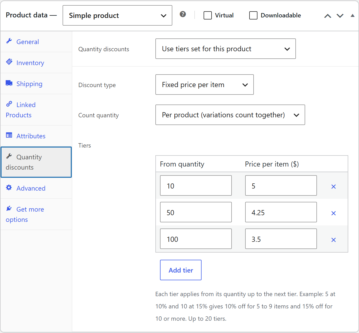 A product's own tiers in its Quantity discounts tab.