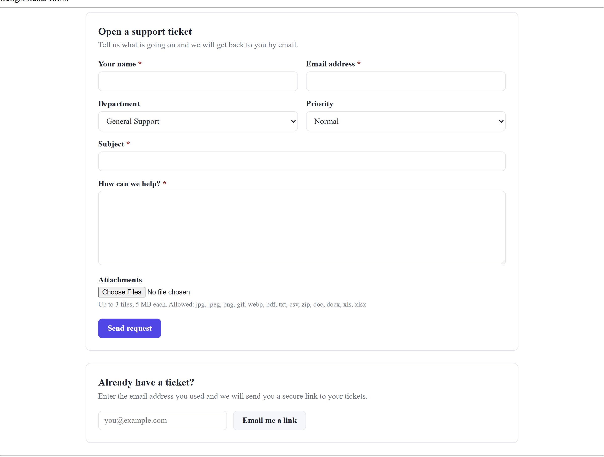 The support portal on the front end: open a ticket, or pick up an existing one.