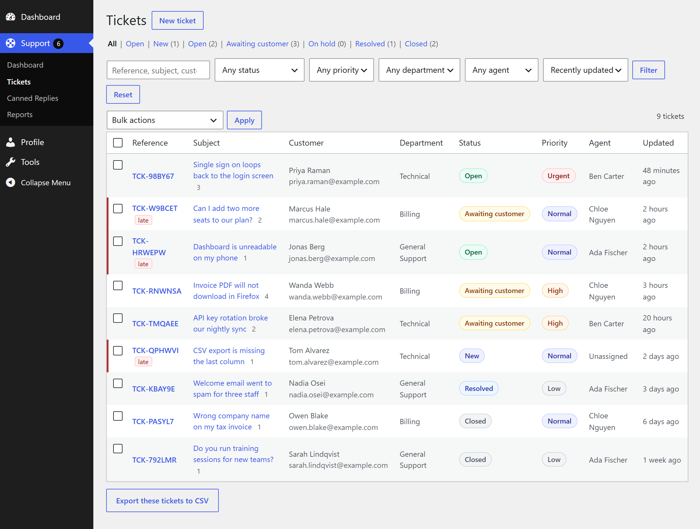 The ticket list with filters, bulk actions and CSV export.
