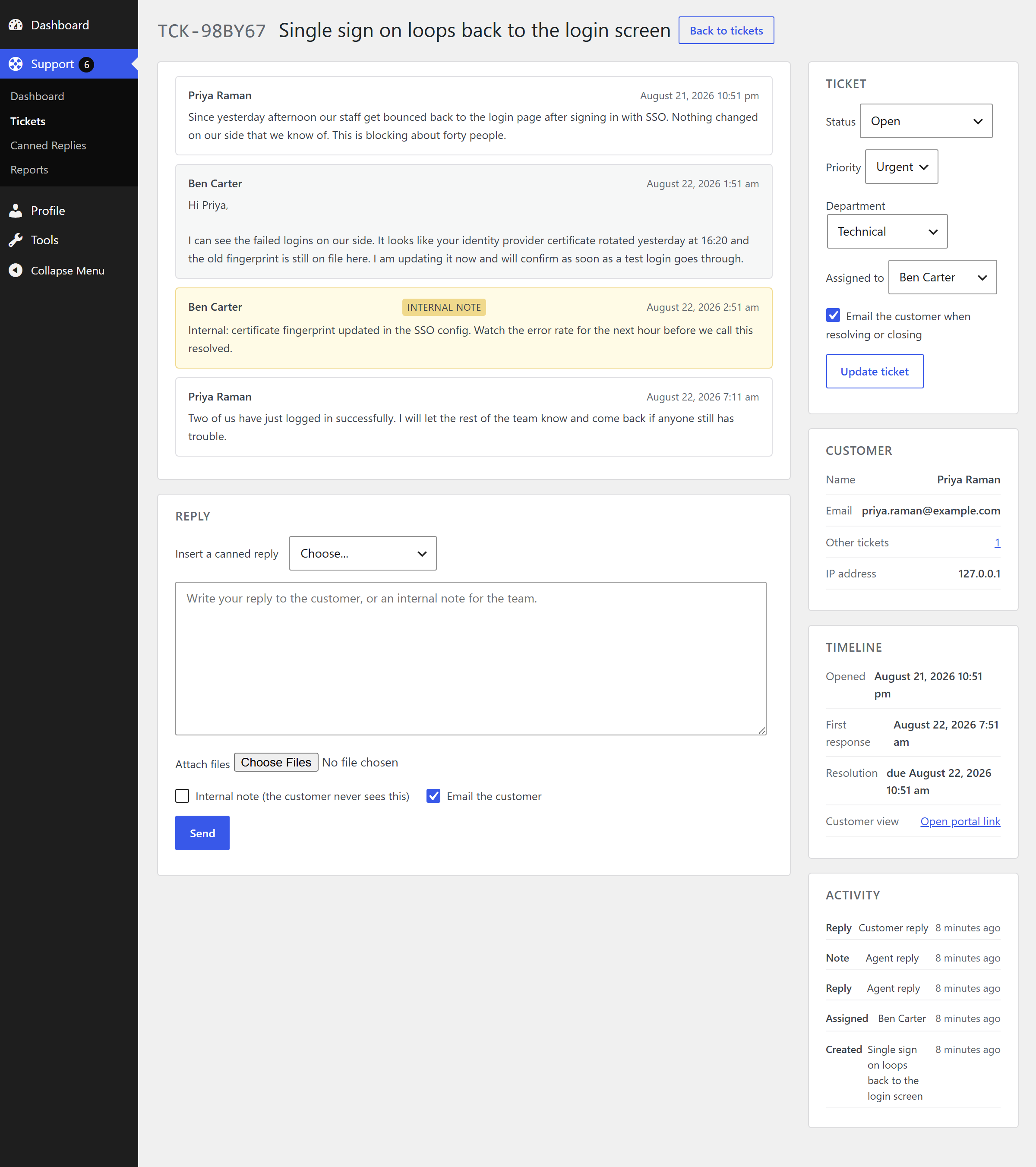 A single ticket: thread, internal notes, canned replies and ticket properties.