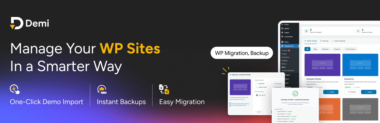 WordPress 外掛 Demi – One Click Demo Import, Backup & Site Migration 的封面圖片