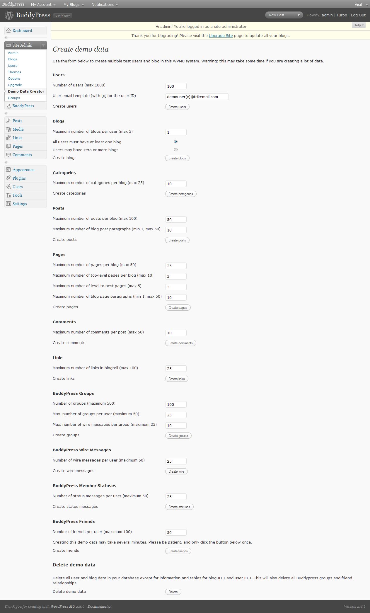 The demo data admin page
