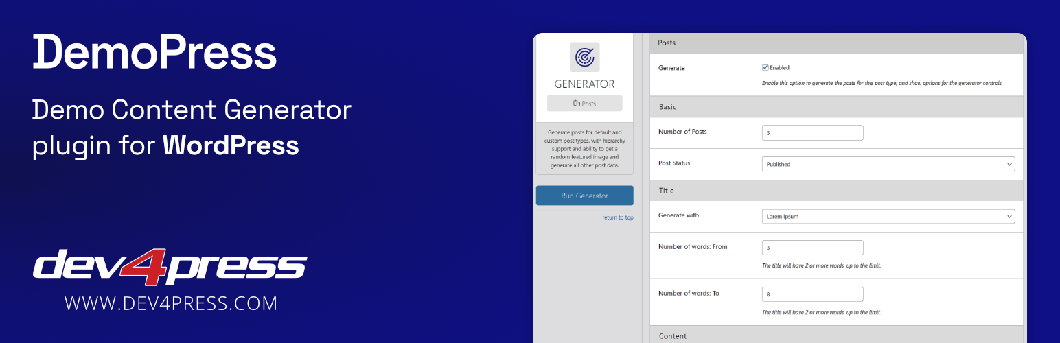 WordPress 外掛 DemoPress: Demo Content Generator 的封面圖片。