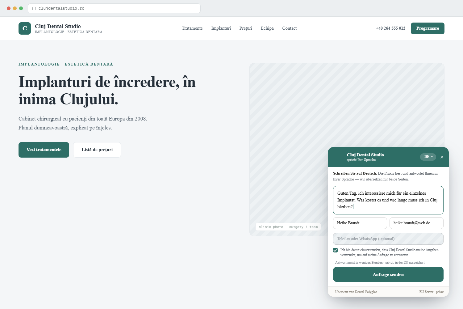 The translated message box on your site. A patient writes in their own language; the clinic reads and replies in its own, and we translate both ways.