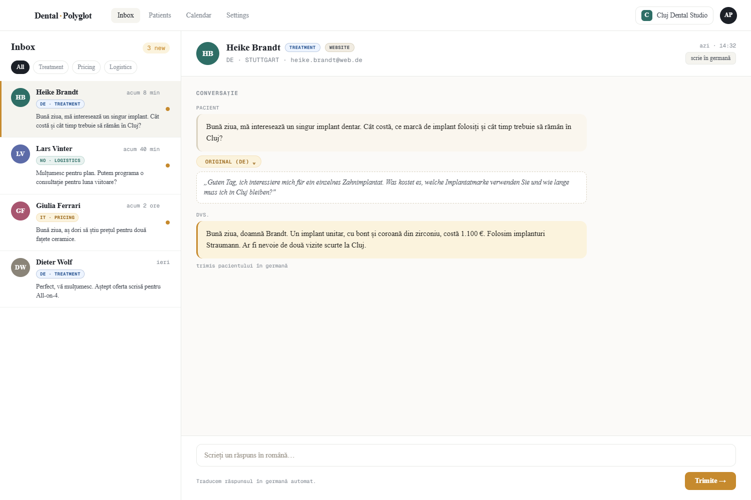 Your translated inbox. Every inquiry arrives in your language, with the patient's original message one click away. You reply in your language and we translate it back.