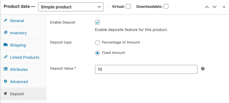 Deposit data for product