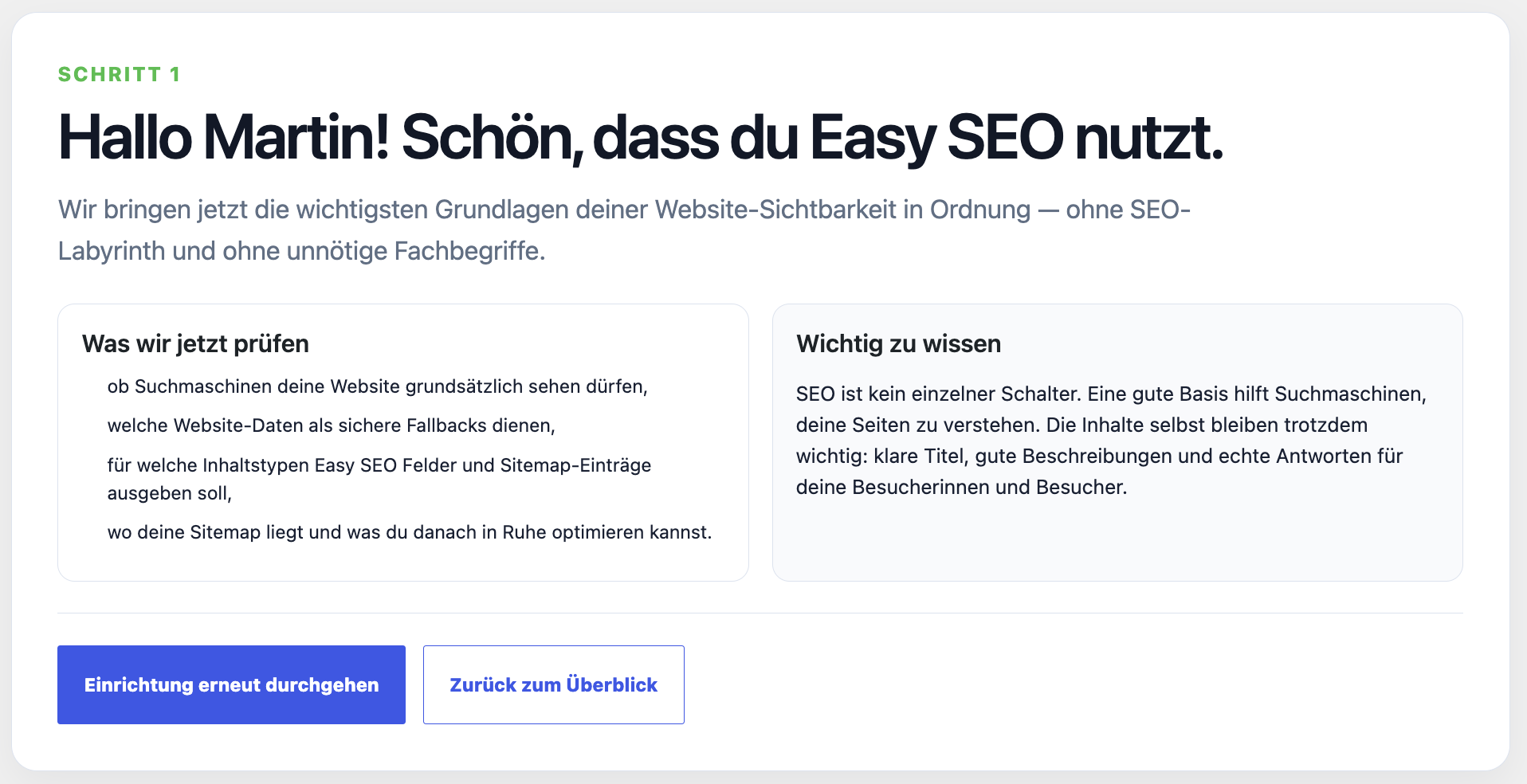 The setup assistant guides site owners through the most important SEO basics.
