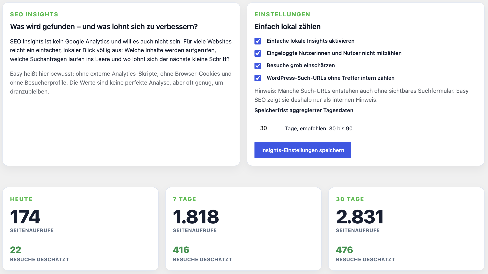 Local SEO insights provide a simple internal view without external analytics scripts.