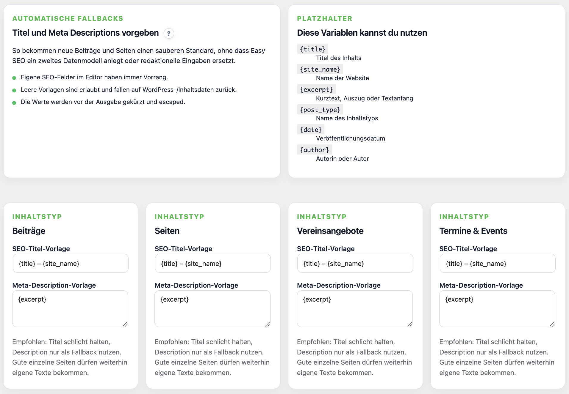 Template fallbacks create clean default titles and meta descriptions.