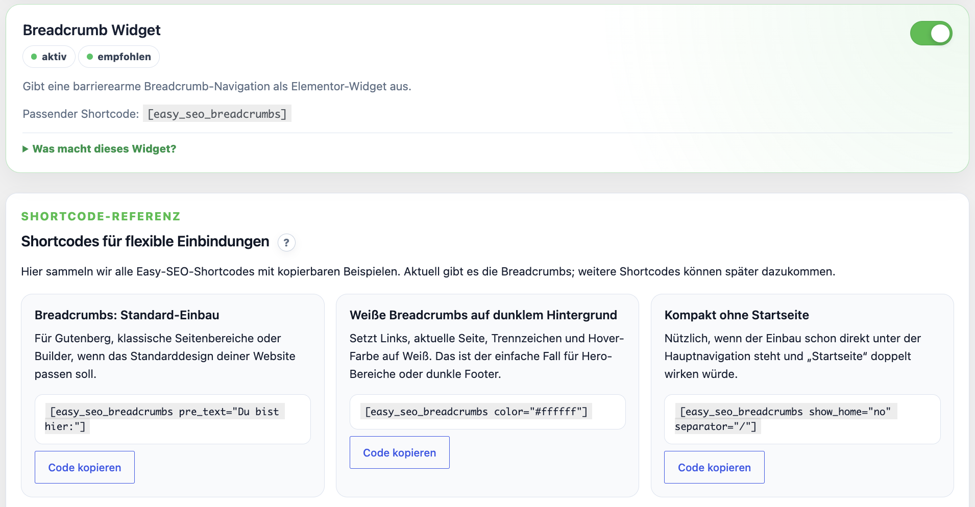 Breadcrumbs, the Elementor widget and shortcode examples help with flexible integration.