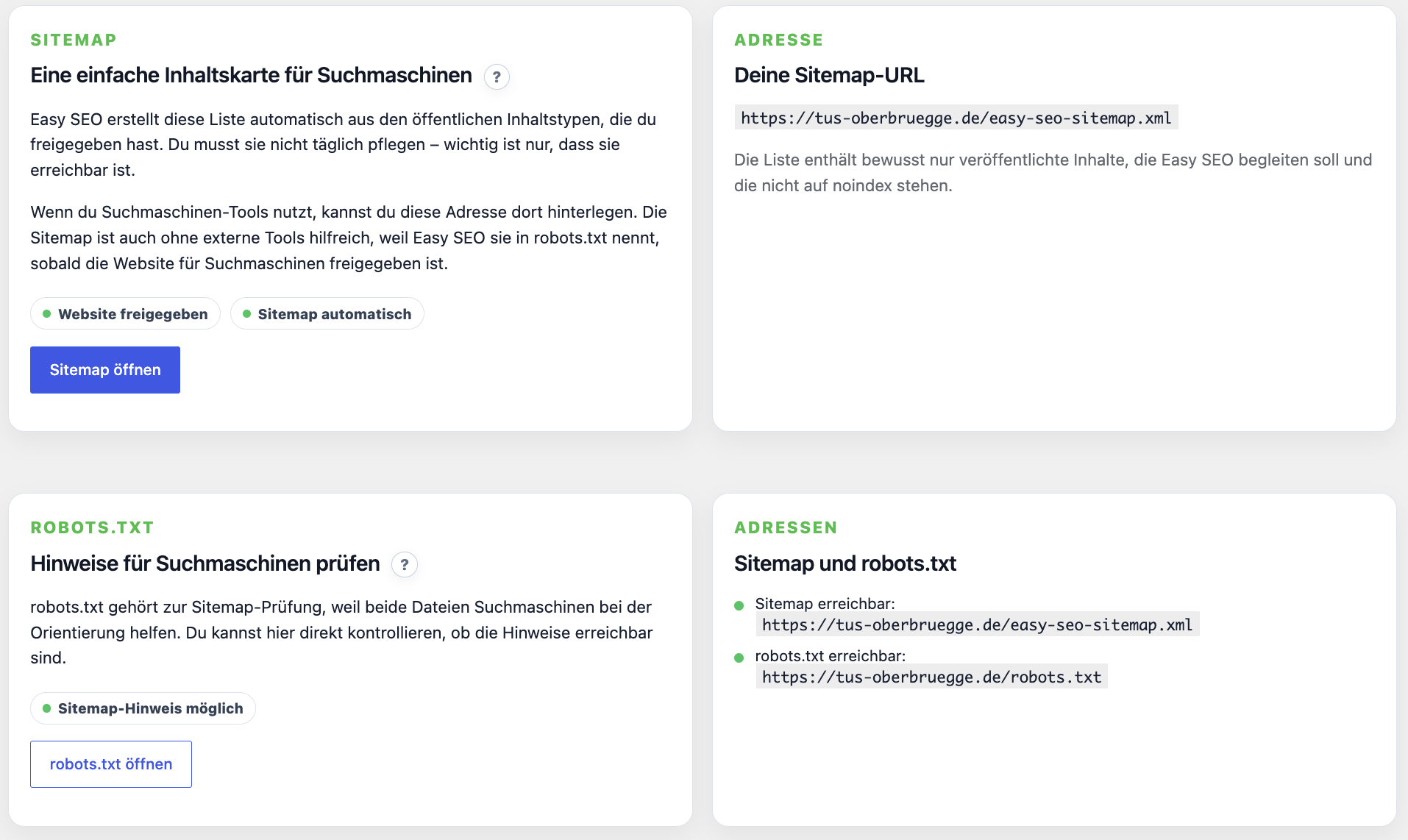 Sitemap and robots.txt helpers keep technical basics easy to find.
