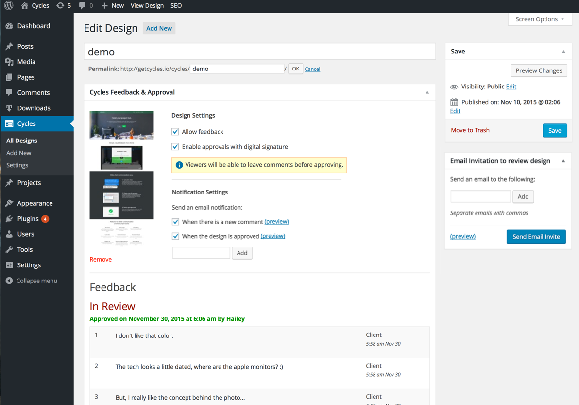 View feedback and approvals directly on the design or in aggregate, plus email invites and comment/approval notifications