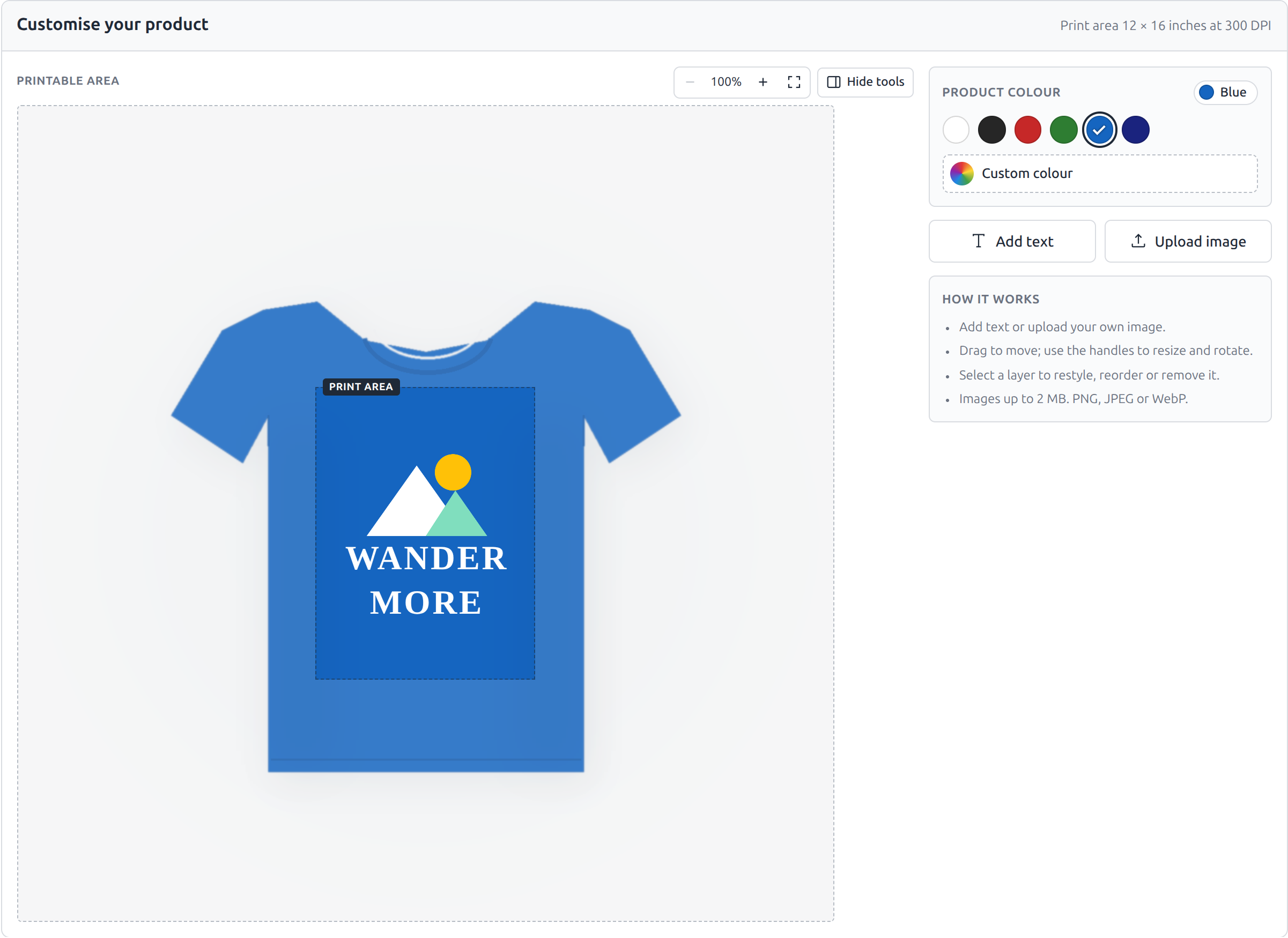 The designer on a product page: pick a product colour, then add your artwork and text.