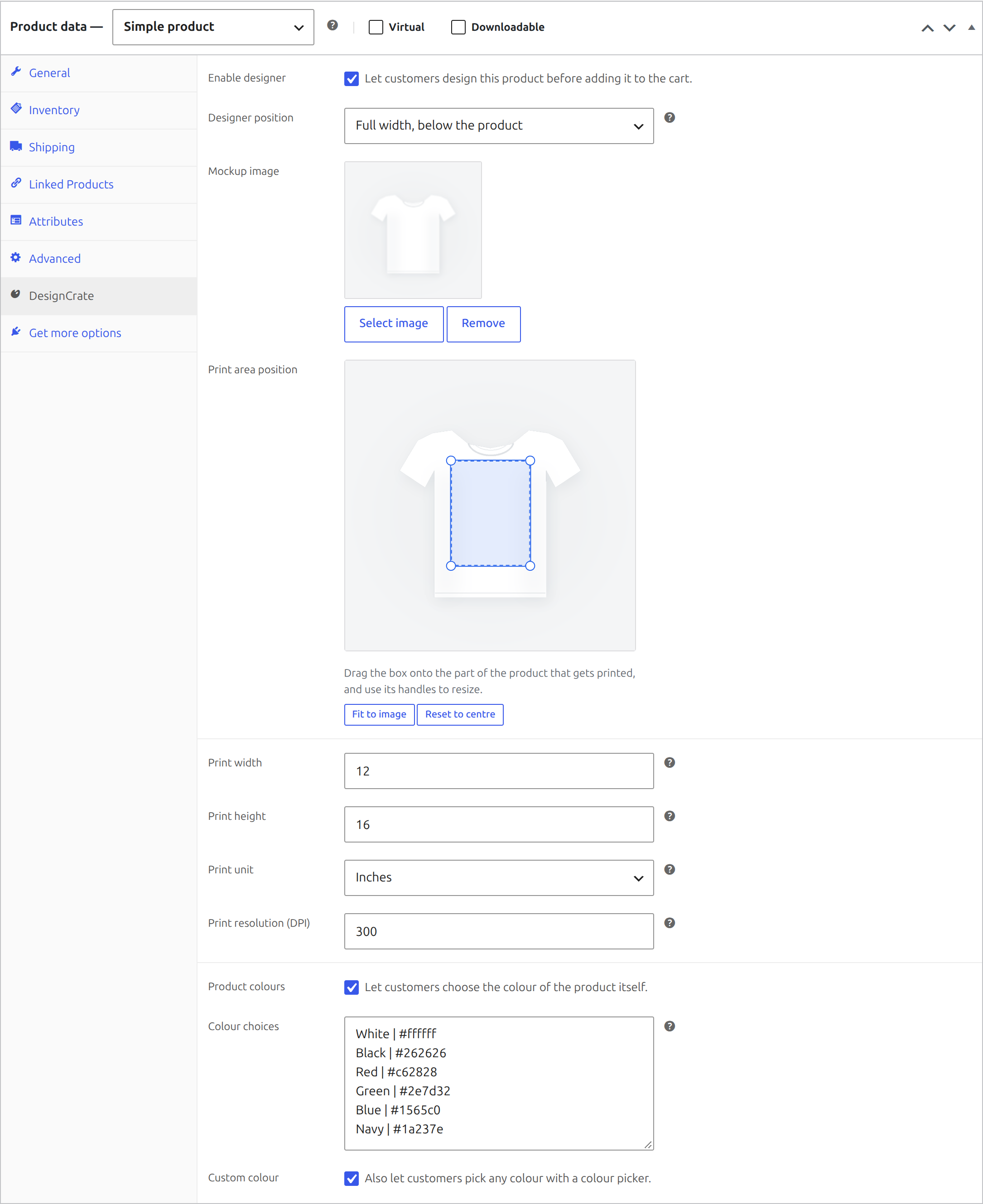 The DesignCrate tab: print area in real units, product colours and designer position.