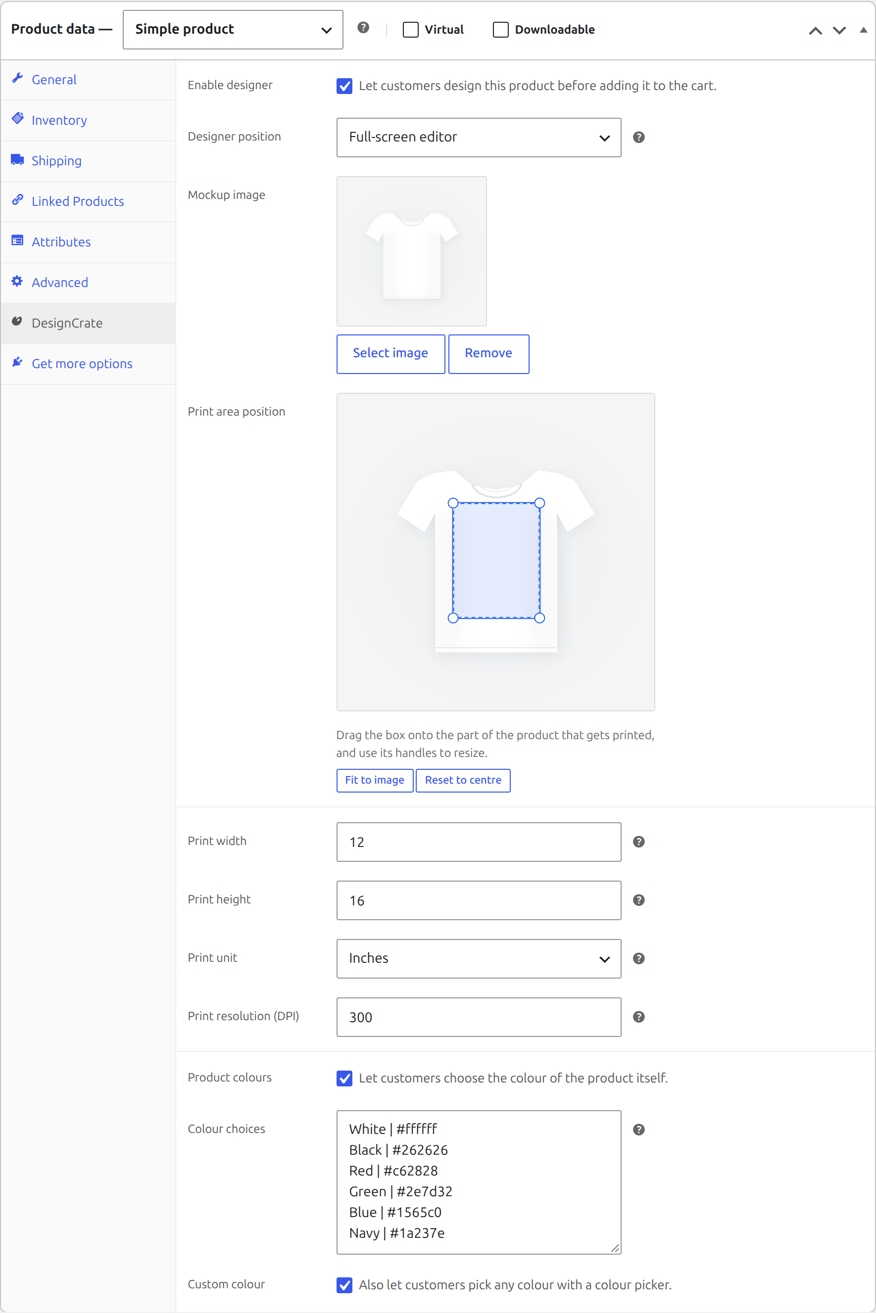 The DesignCrate tab: print area in real units, product colours and designer position.