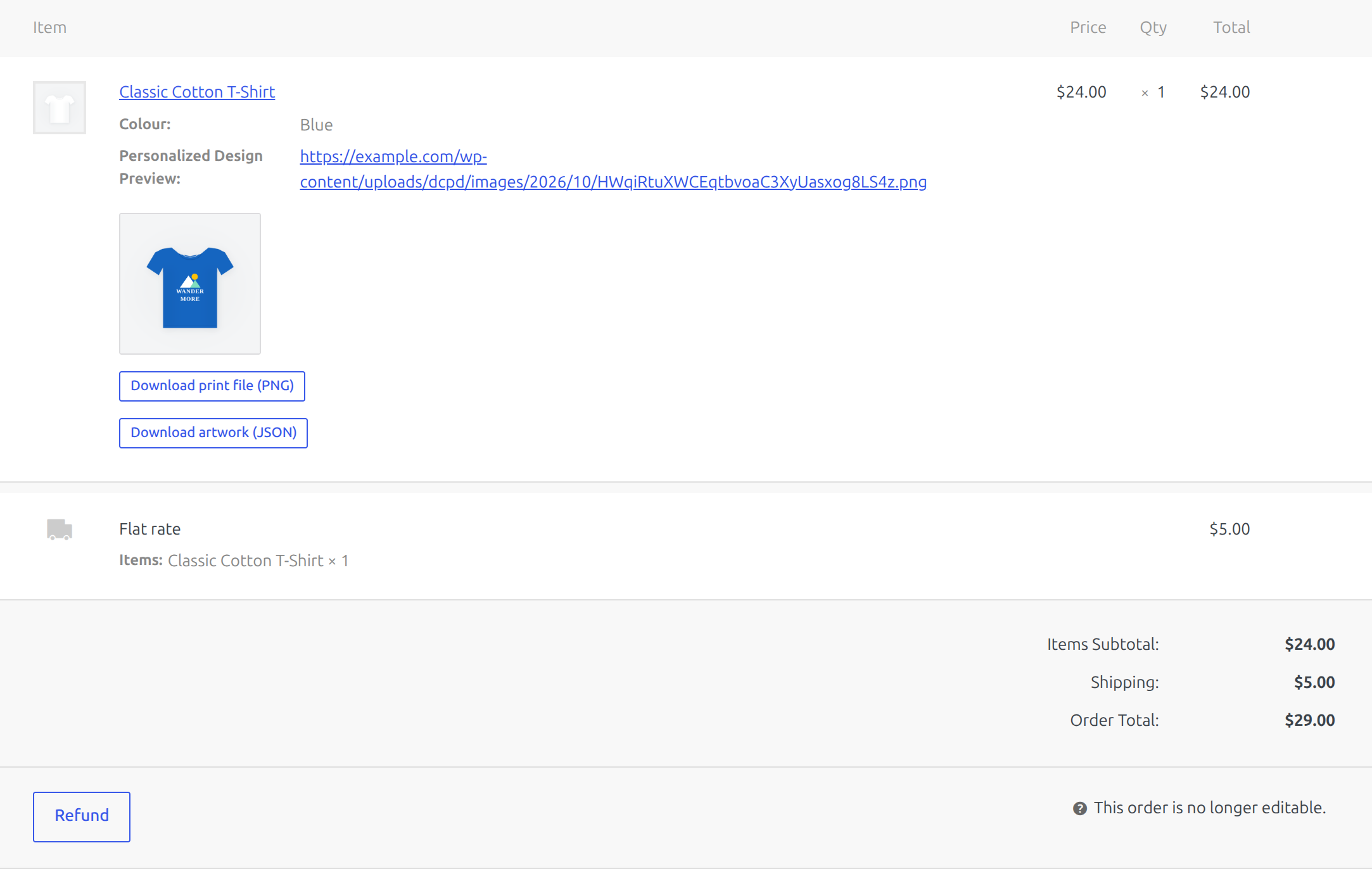 The order screen, with the colour, the preview and the print file download.