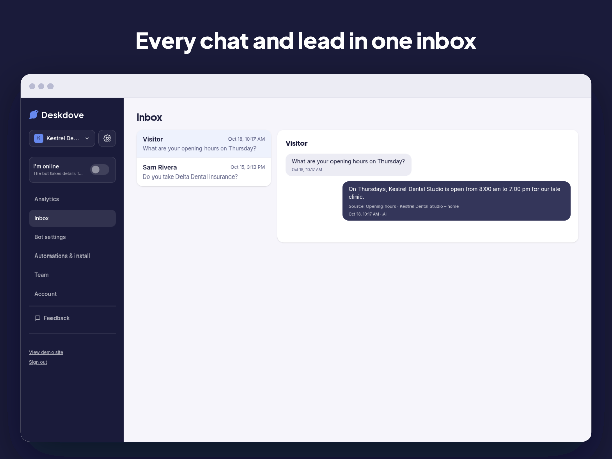 Every chat and lead in one inbox