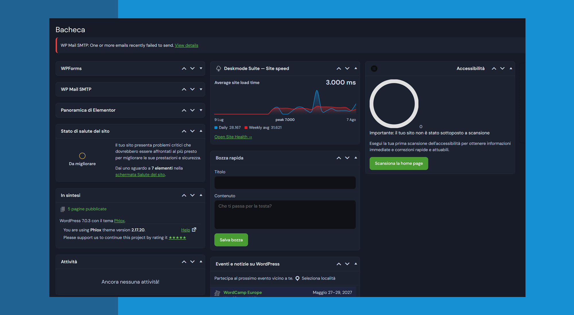 The dashboard in dark mode, with the light/dark button always within reach.