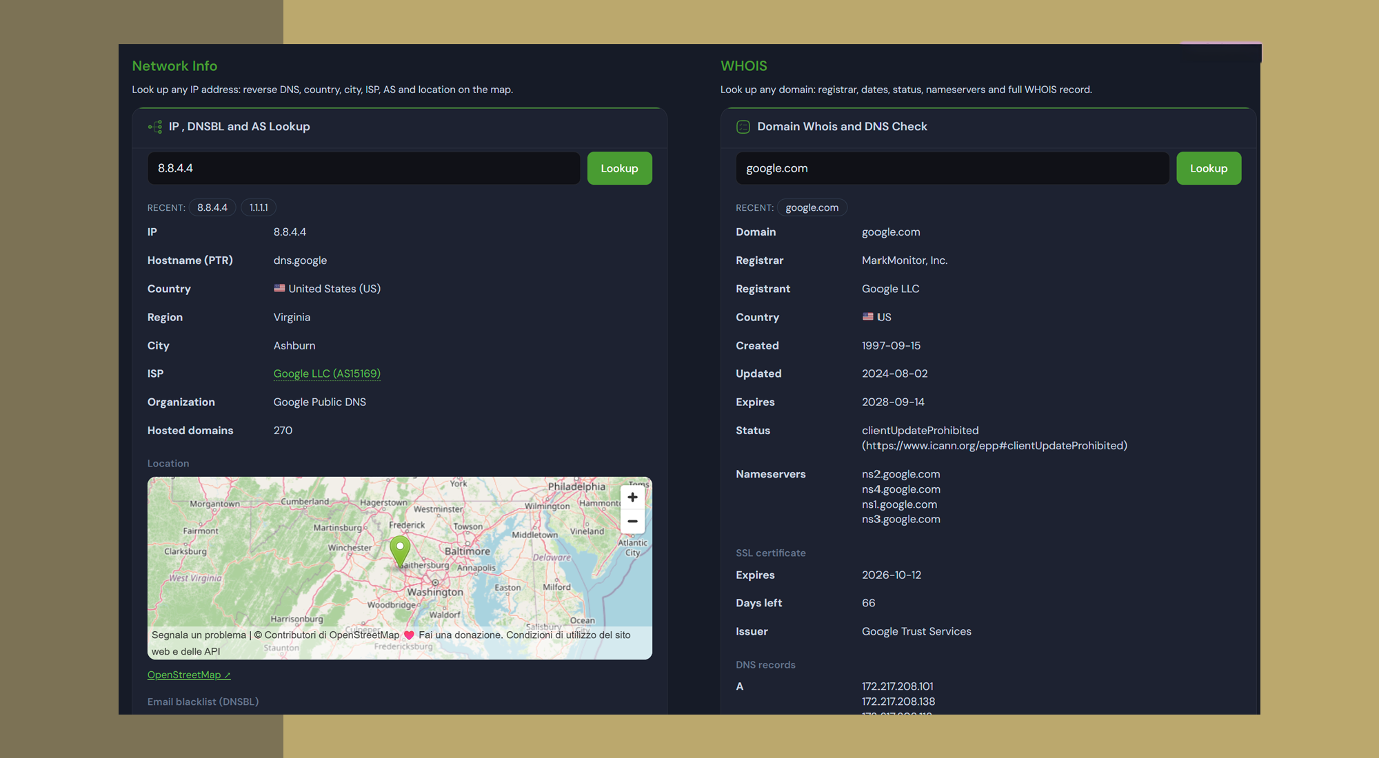 Network Info: WHOIS, DNS records and SSL expiry for a domain, plus IP lookup.