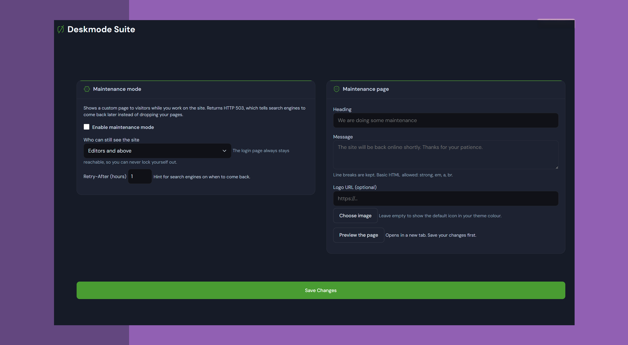Maintenance mode: the holding page visitors see, served with a 503 status.
