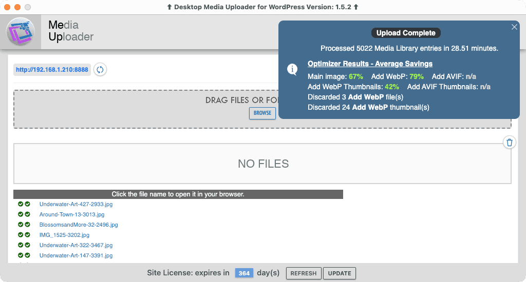 Normal upload of 5,022 media files totaling 4,928.66 MB, with WebP files, on localhost. This removes network and shared-hosting delays to show raw application performance with a real-world image workload.