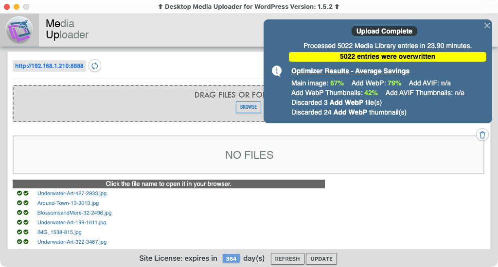 Overwrite of the same 5,022 Media Library files totaling 4,928.66 MB on localhost, completed faster than the normal upload and showing that overwrite adds no meaningful performance penalty.