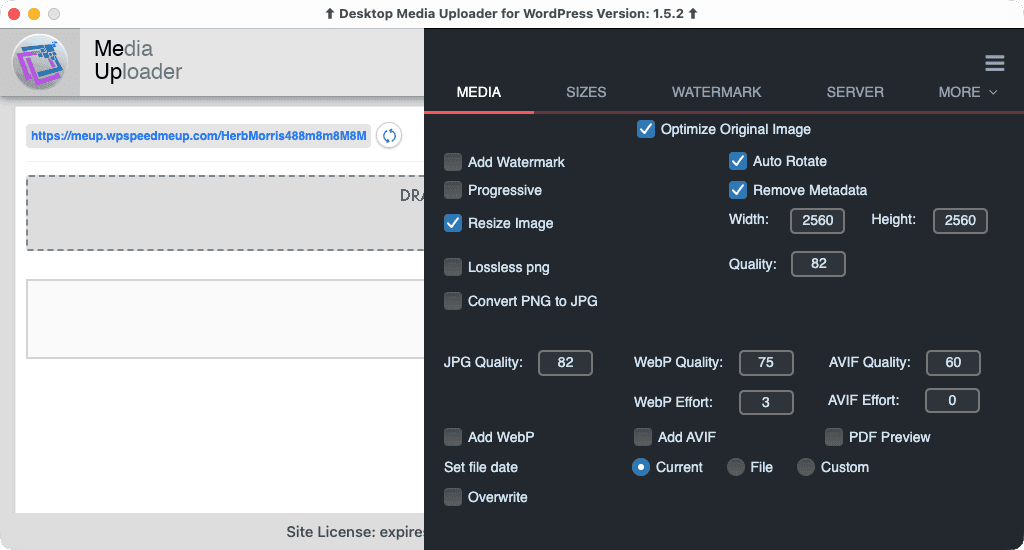 Configure image optimization, resizing, metadata removal, WebP and AVIF generation, file dates, and overwrite behavior.