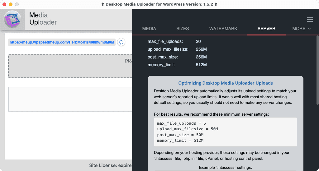 View detected PHP upload limits and recommended server settings.